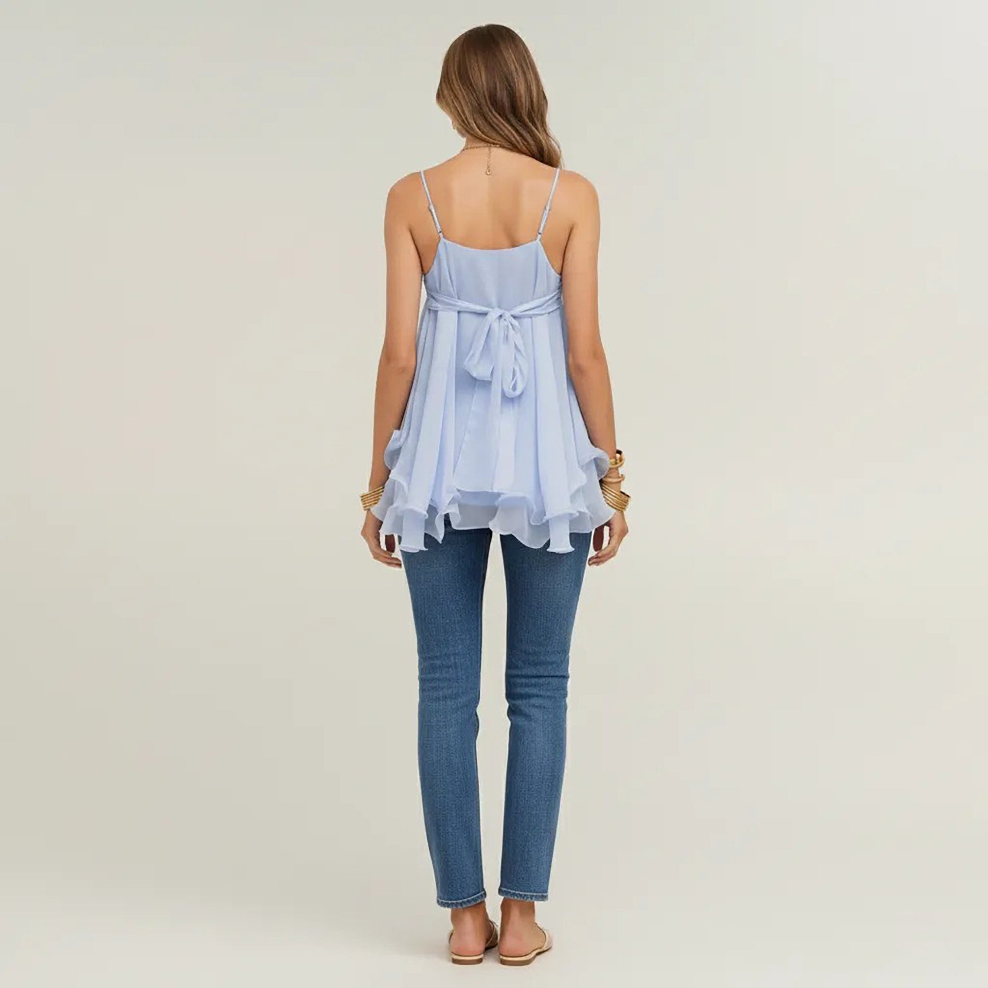 Anna-Kaci Women's V Neck Chiffon Cami Top with Adjustable Straps and Layered Ruffle Hem