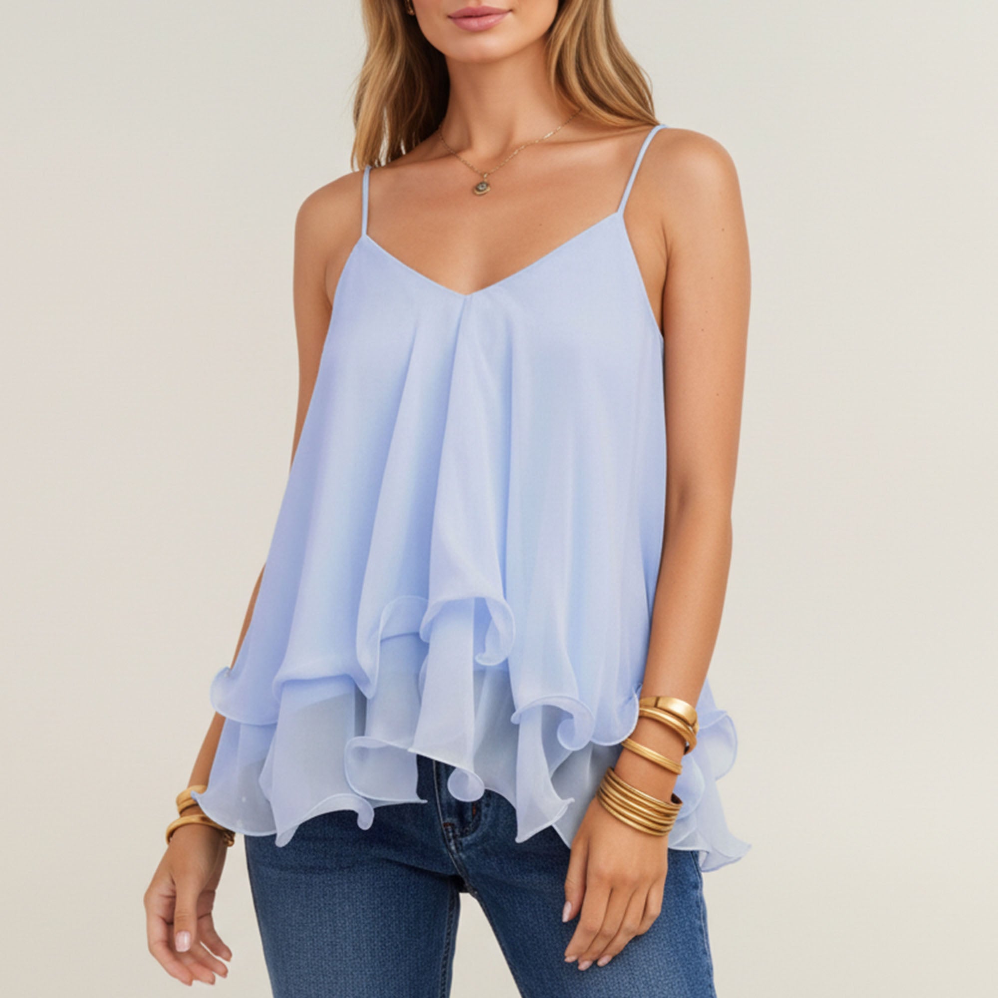 Anna-Kaci Women's V Neck Chiffon Cami Top with Adjustable Straps and Layered Ruffle Hem