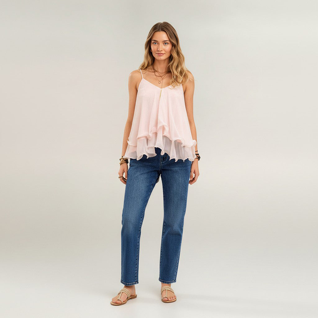 Anna-Kaci Women's V Neck Chiffon Cami Top with Adjustable Straps and Layered Ruffle Hem