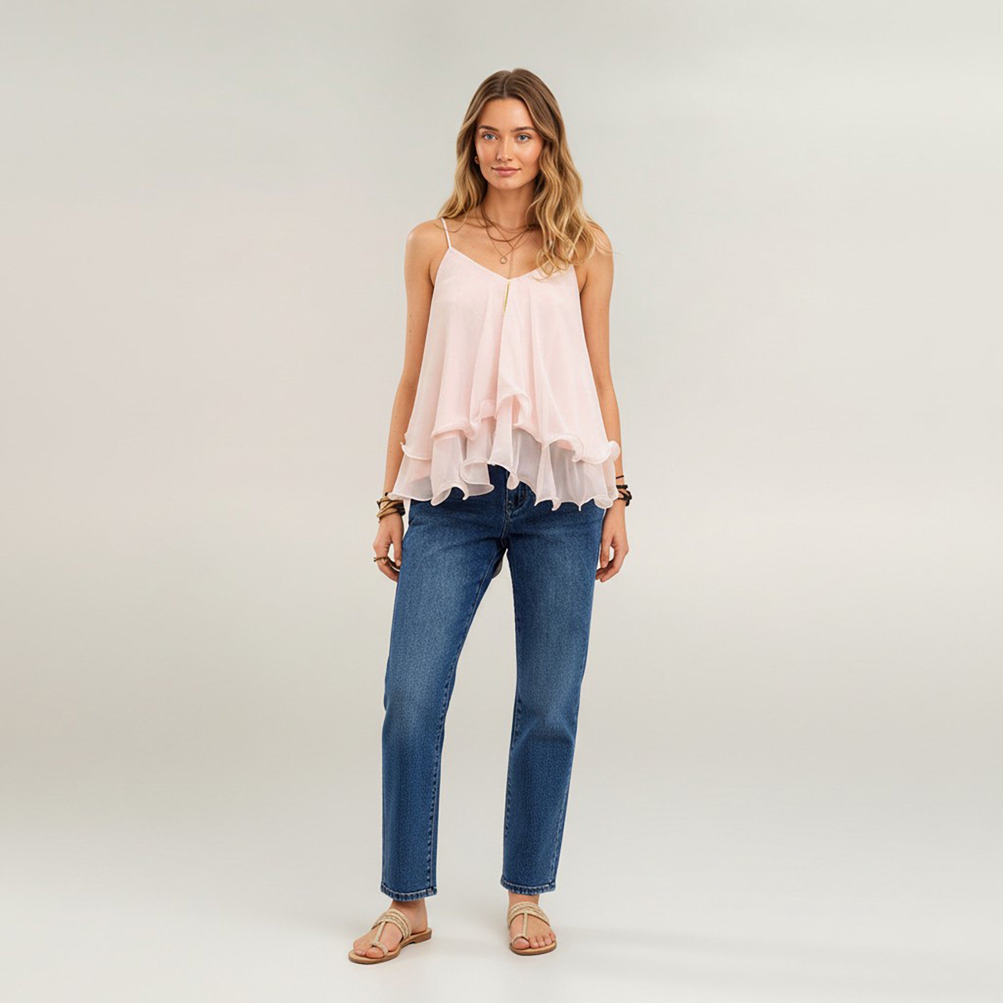 Anna-Kaci Women's V Neck Chiffon Cami Top with Adjustable Straps and Layered Ruffle Hem