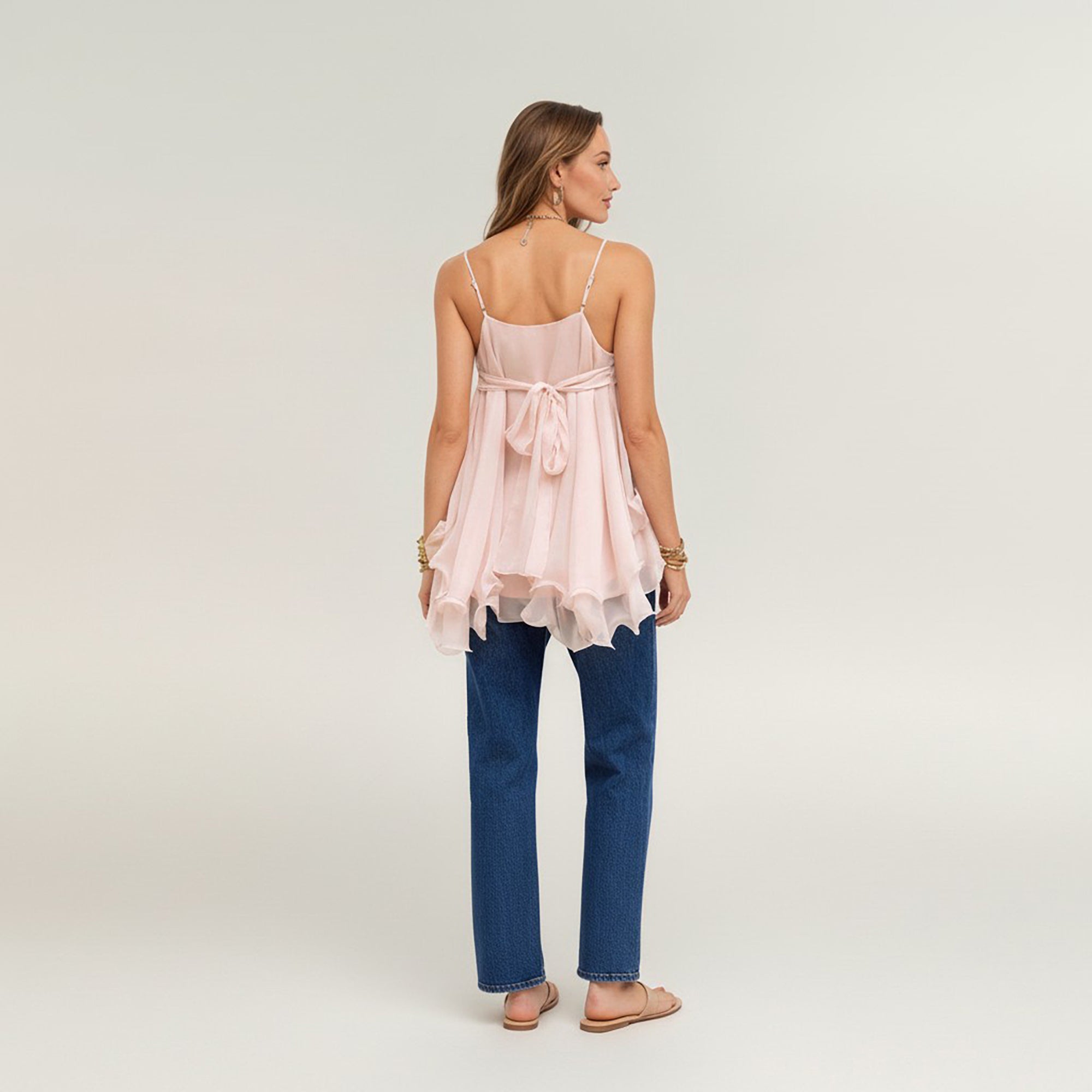 Anna-Kaci Women's V Neck Chiffon Cami Top with Adjustable Straps and Layered Ruffle Hem