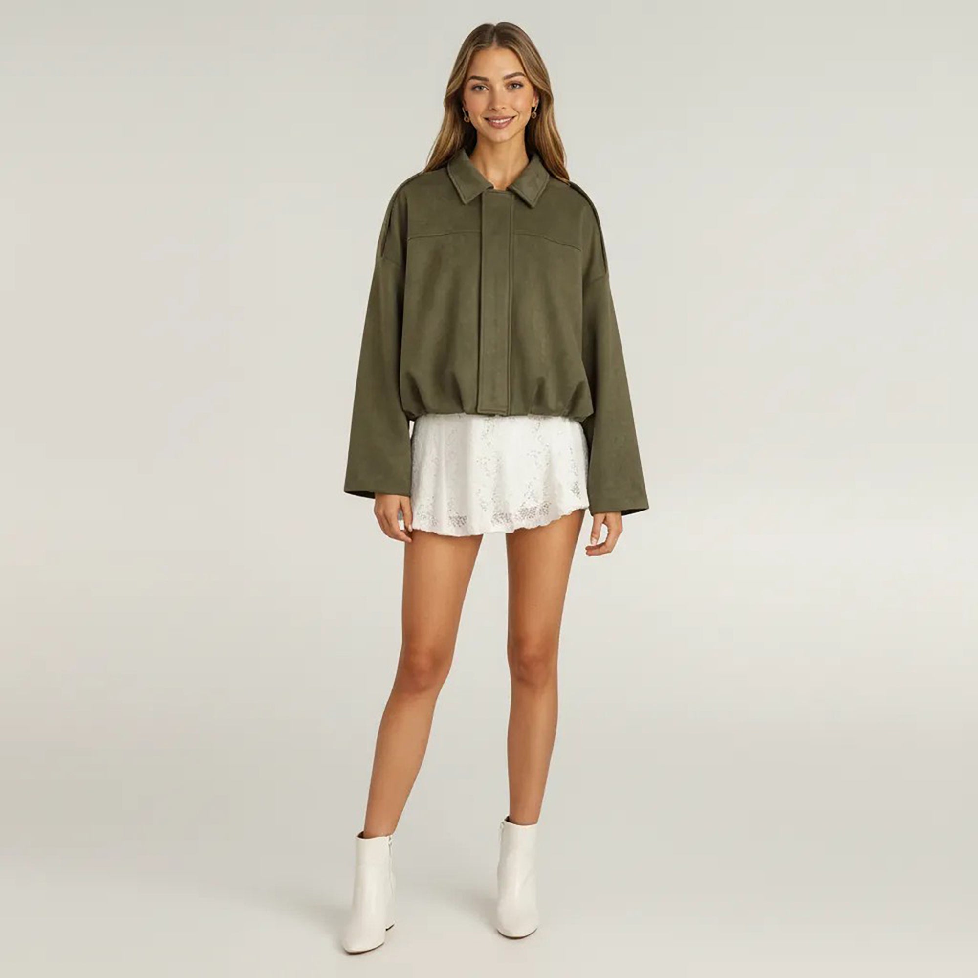 Anna-Kaci Womens Cropped Faux Suede Jacket with Collared Neck and Relaxed Fit