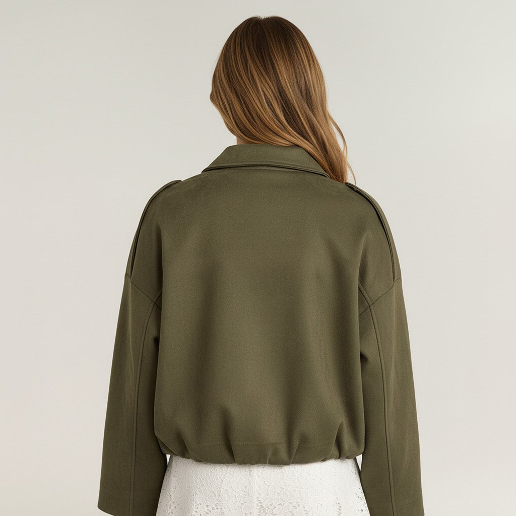 Anna-Kaci Womens Cropped Faux Suede Jacket with Collared Neck and Relaxed Fit