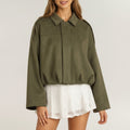 Anna-Kaci Womens Cropped Faux Suede Jacket with Collared Neck and Relaxed Fit