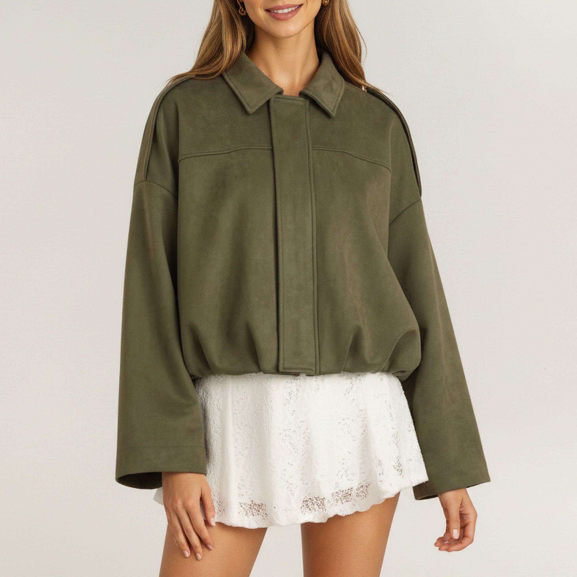 Anna-Kaci Womens Cropped Faux Suede Jacket with Collared Neck and Relaxed Fit
