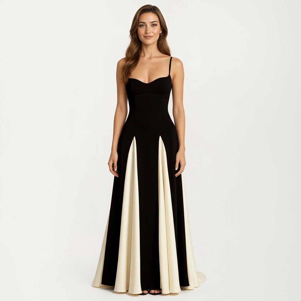 Anna-Kaci Women's Spaghetti Strap Floor Length Dress with Fitted Bodice Flowing Skirt and Contrast Panel Design
