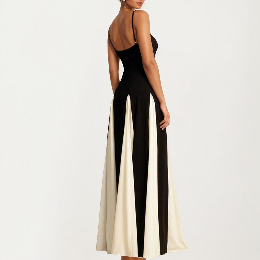 Anna-Kaci Women's Spaghetti Strap Floor Length Dress with Fitted Bodice Flowing Skirt and Contrast Panel Design