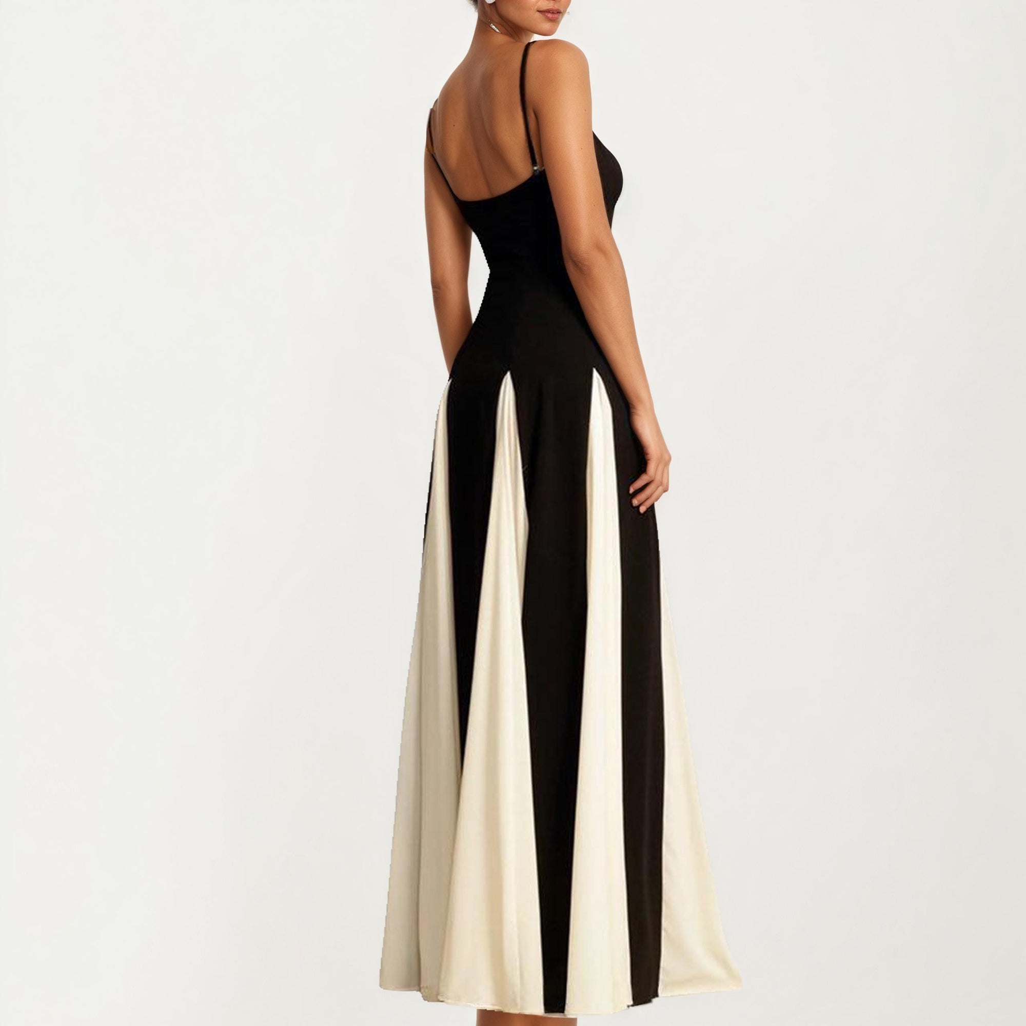 Anna-Kaci Women's Spaghetti Strap Floor Length Dress with Fitted Bodice Flowing Skirt and Contrast Panel Design