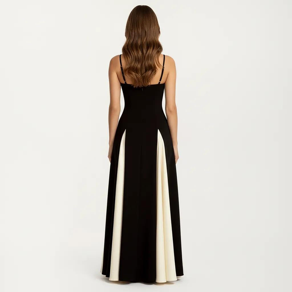 Anna-Kaci Women's Spaghetti Strap Floor Length Dress with Fitted Bodice Flowing Skirt and Contrast Panel Design