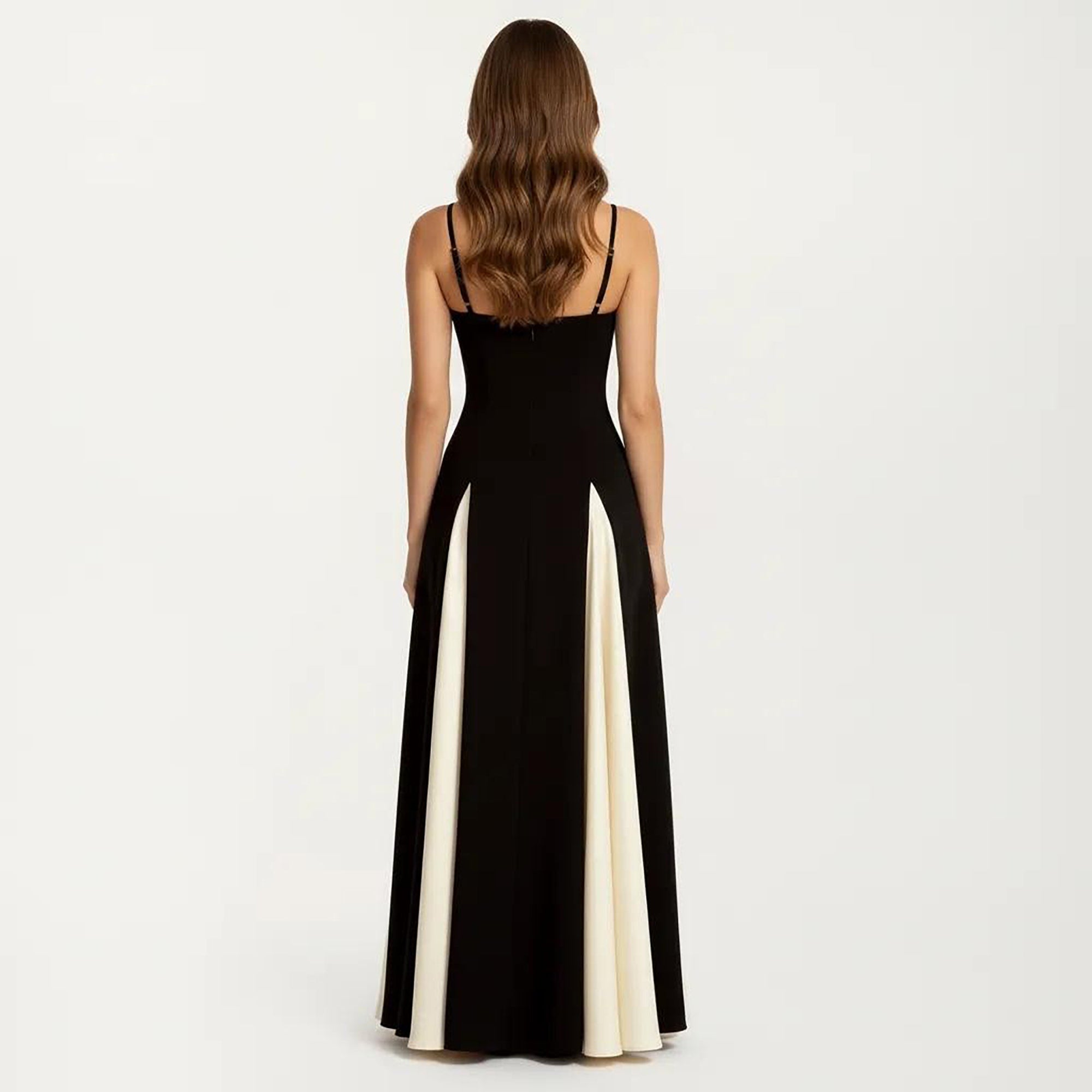 Anna-Kaci Women's Spaghetti Strap Floor Length Dress with Fitted Bodice Flowing Skirt and Contrast Panel Design