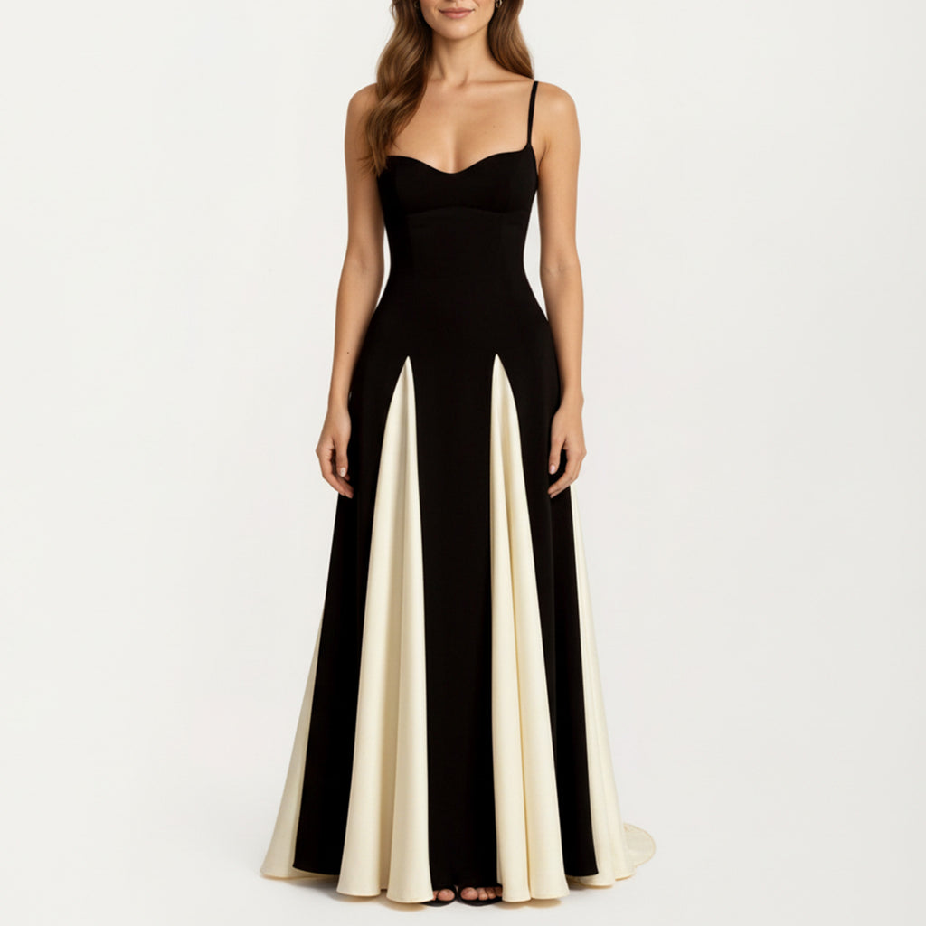 Anna-Kaci Women's Spaghetti Strap Floor Length Dress with Fitted Bodice Flowing Skirt and Contrast Panel Design