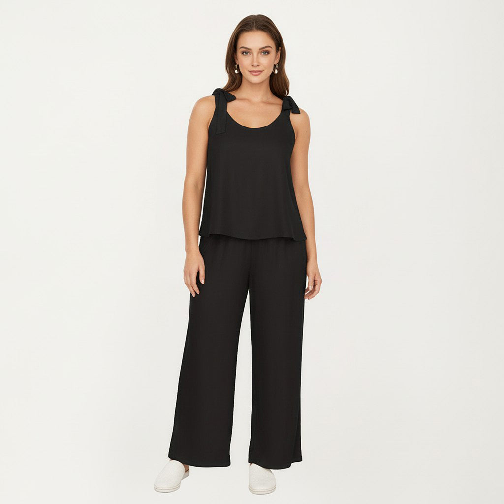 Anna-Kaci Women's Sleeveless Wide Leg Jumpsuit with Tie Shoulder Straps Relaxed Fit Silhouette and Flowing Pants