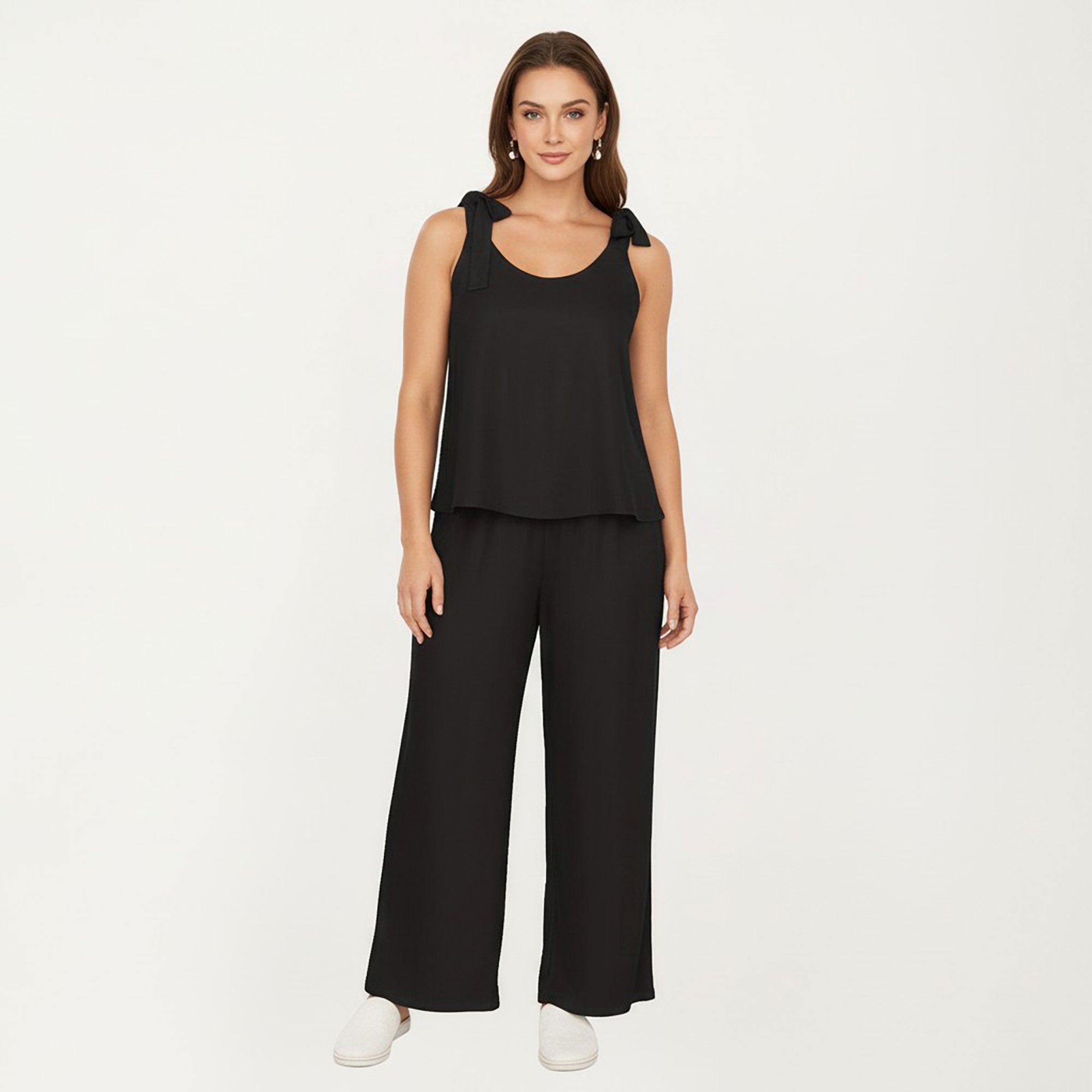Anna-Kaci Women's Sleeveless Wide Leg Jumpsuit with Tie Shoulder Straps Relaxed Fit Silhouette and Flowing Pants