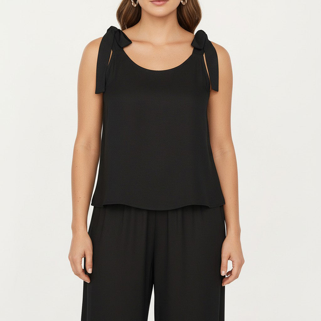 Anna-Kaci Women's Sleeveless Wide Leg Jumpsuit with Tie Shoulder Straps Relaxed Fit Silhouette and Flowing Pants