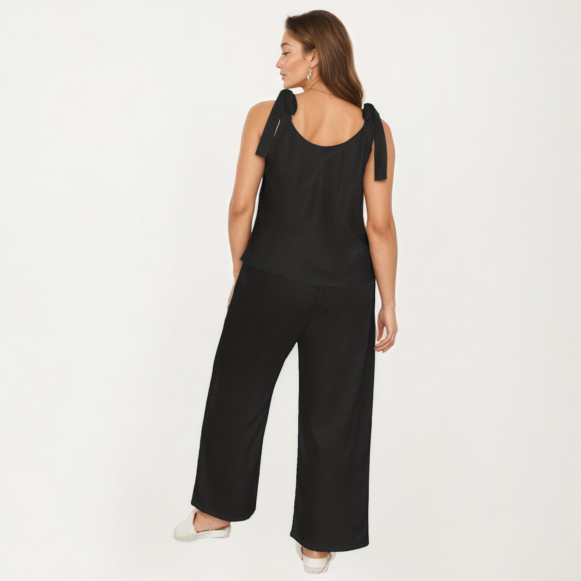 Anna-Kaci Women's Sleeveless Wide Leg Jumpsuit with Tie Shoulder Straps Relaxed Fit Silhouette and Flowing Pants
