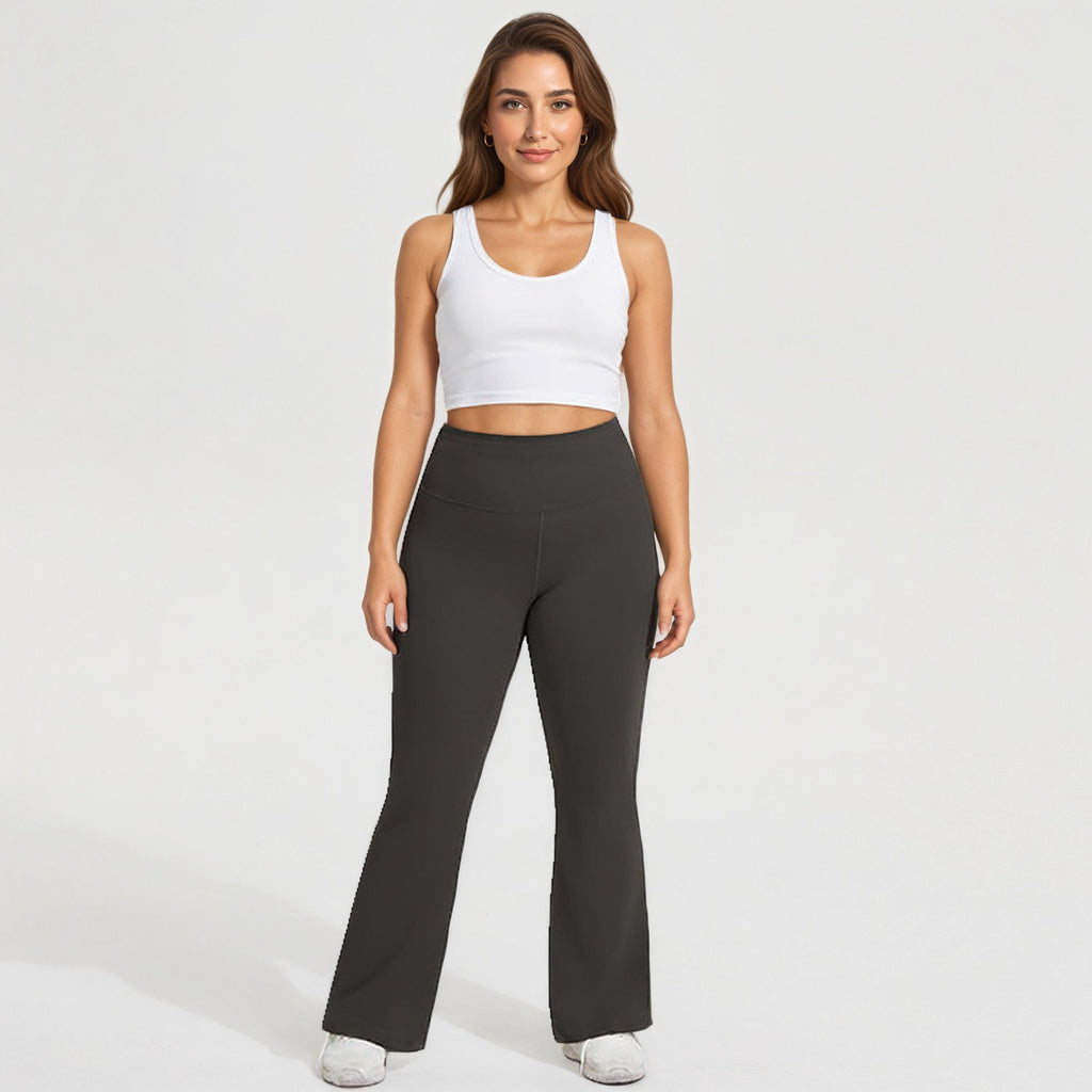Anna-Kaci Women's High Waist Flare Leggings with Wide Waistband Stretch Fit and Subtle Bootcut Silhouette