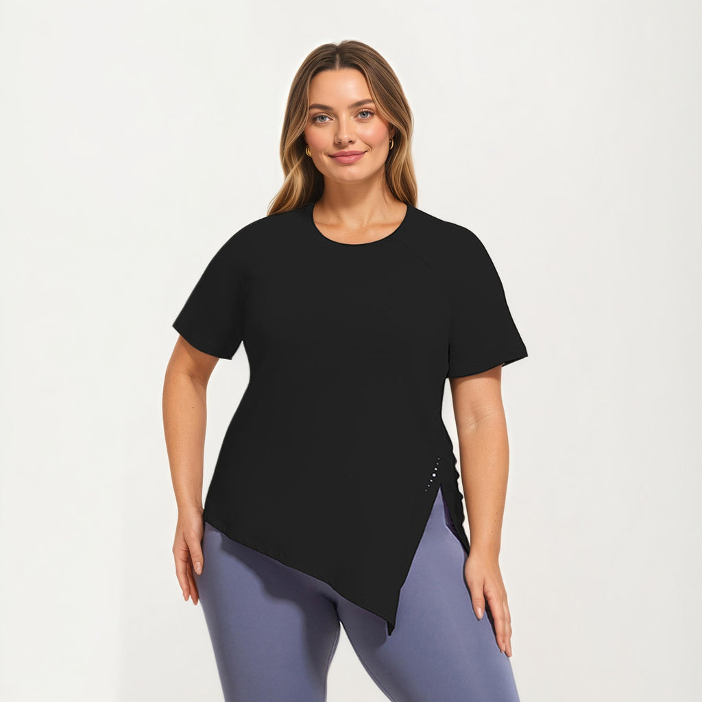 Anna-Kaci Women's Short Sleeve Asymmetrical Hem Top with Side Ruched Detail Soft Stretch Fabric and Flattering Relaxed Fit