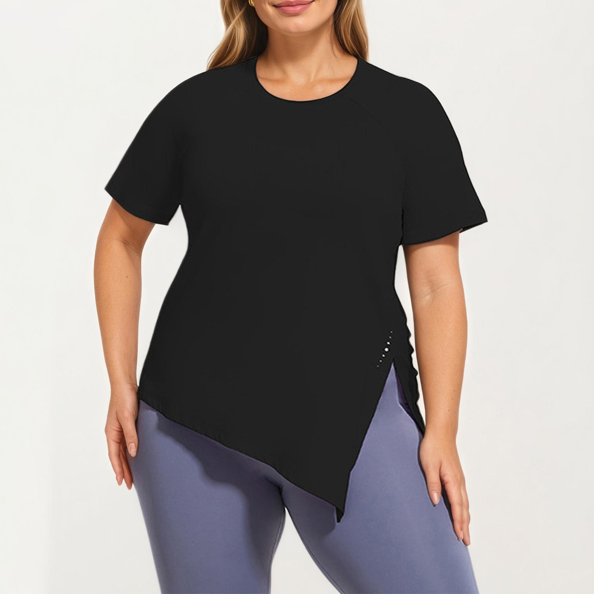 Anna-Kaci Women's Short Sleeve Asymmetrical Hem Top with Side Ruched Detail Soft Stretch Fabric and Flattering Relaxed Fit