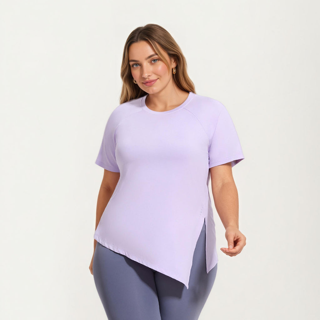 Anna-Kaci Women's Short Sleeve Asymmetrical Hem Top with Side Ruched Detail Soft Stretch Fabric and Flattering Relaxed Fit