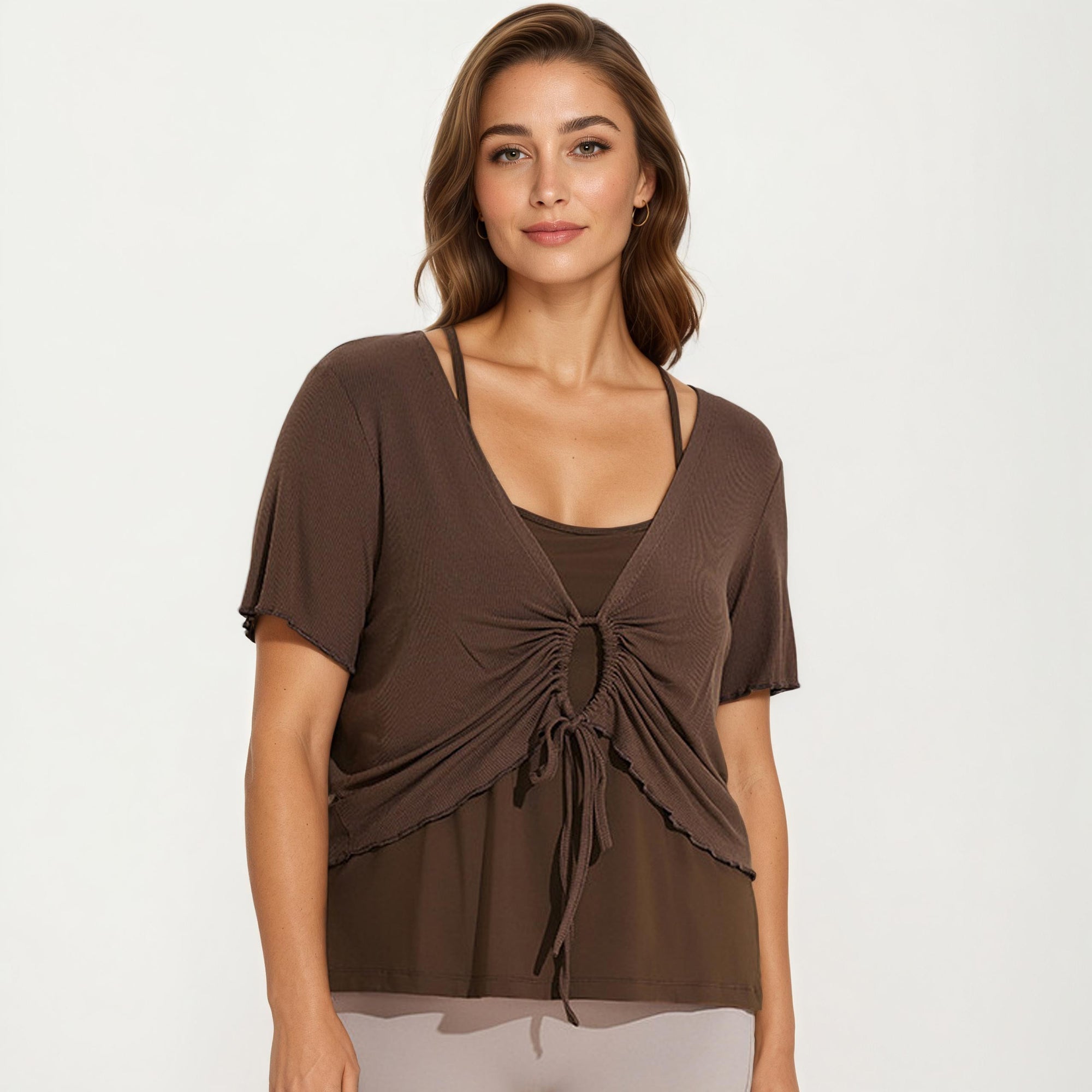 Anna-Kaci Women's Short Sleeve Ruched Front Top with Adjustable Drawstring Soft Layered Fabric and Relaxed Fit