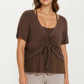 Anna-Kaci Women's Short Sleeve Ruched Front Top with Adjustable Drawstring Soft Layered Fabric and Relaxed Fit