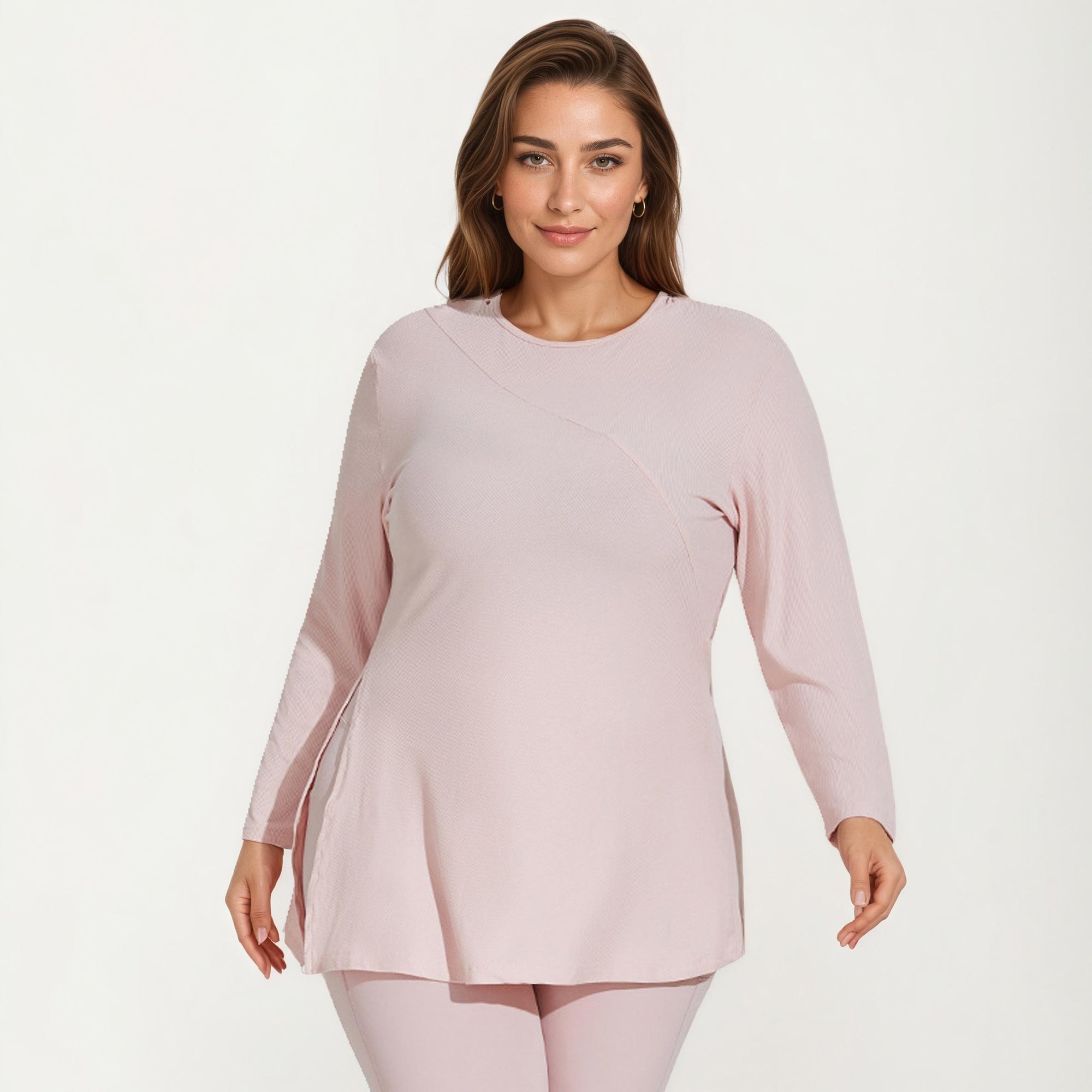 Anna-Kaci Women's Long Sleeve Textured Tunic Top with Crew Neck Relaxed Fit and Flattering Seam Detail