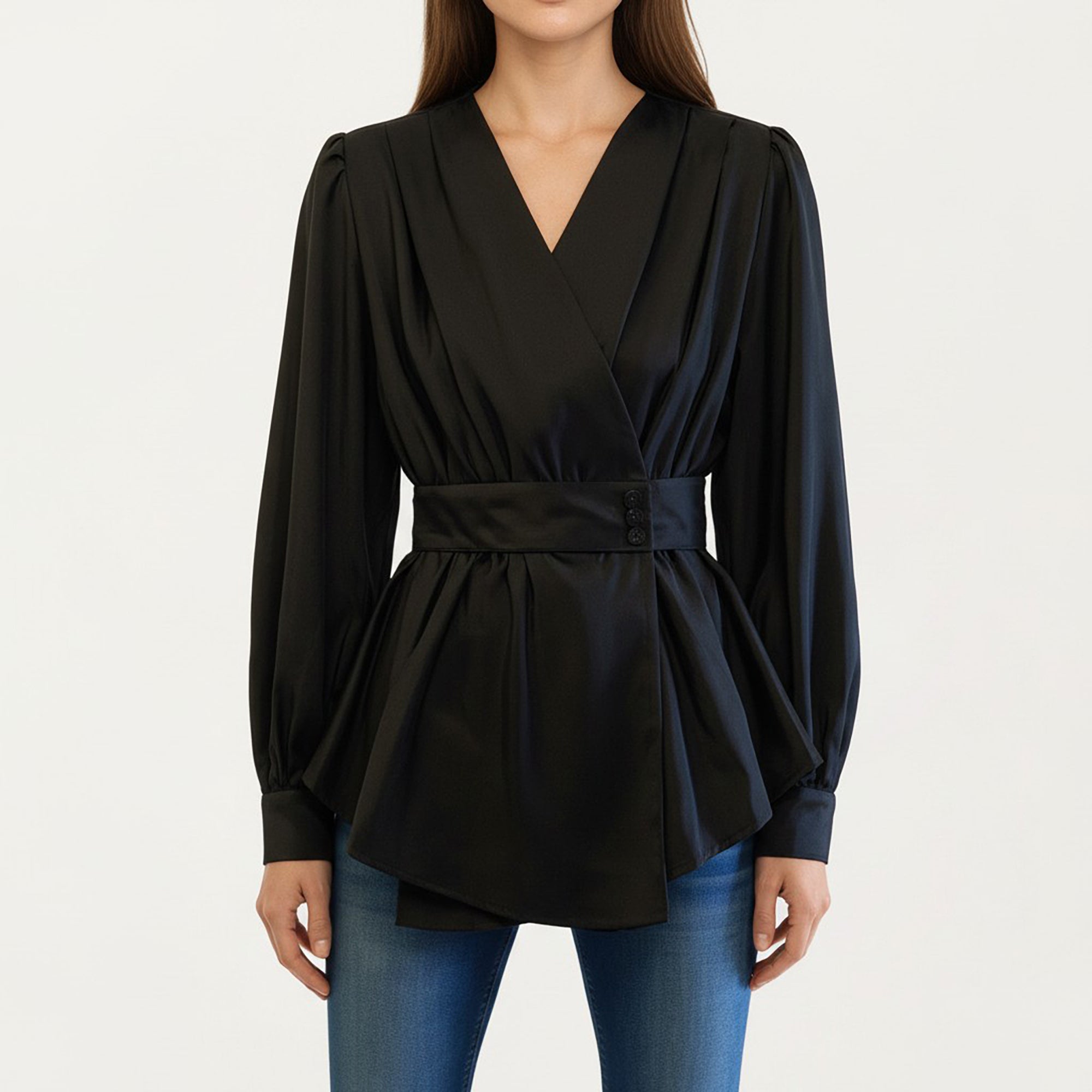 Anna-Kaci Women's Long Sleeve Wrap Blouse with V Neck Waist Belt Detail and Flowy Draped Silhouette