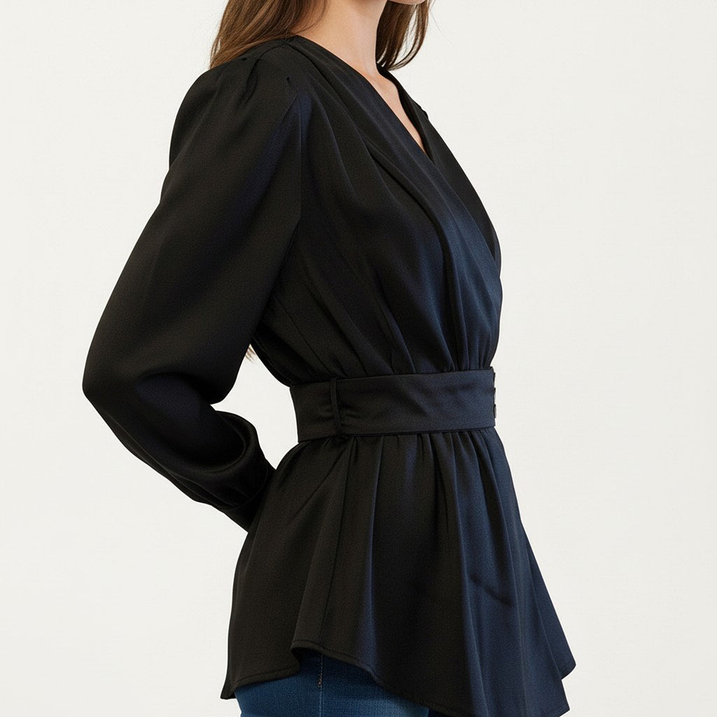 Anna-Kaci Women's Long Sleeve Wrap Blouse with V Neck Waist Belt Detail and Flowy Draped Silhouette