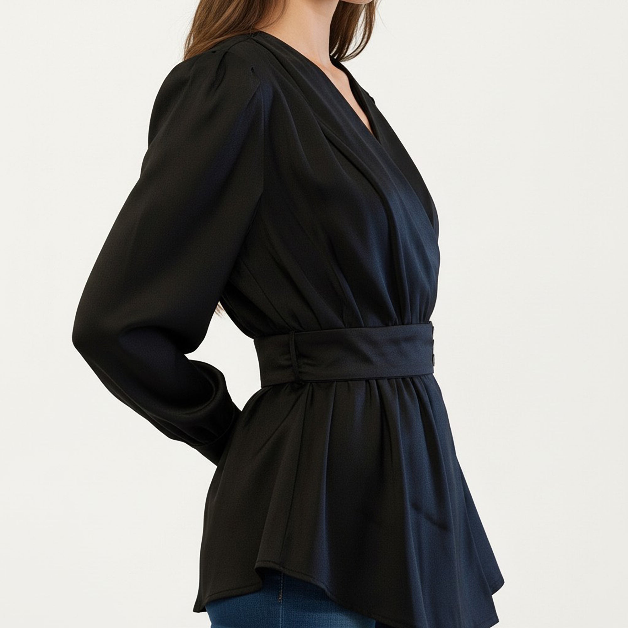 Anna-Kaci Women's Long Sleeve Wrap Blouse with V Neck Waist Belt Detail and Flowy Draped Silhouette