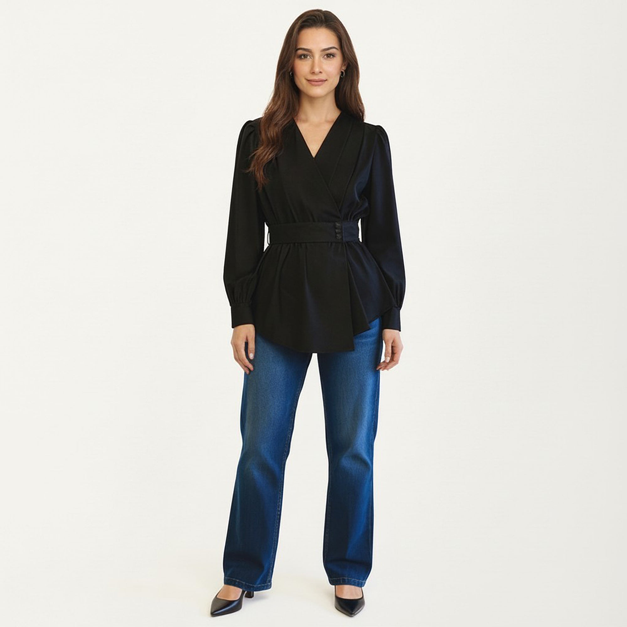 Anna-Kaci Women's Long Sleeve Wrap Blouse with V Neck Waist Belt Detail and Flowy Draped Silhouette