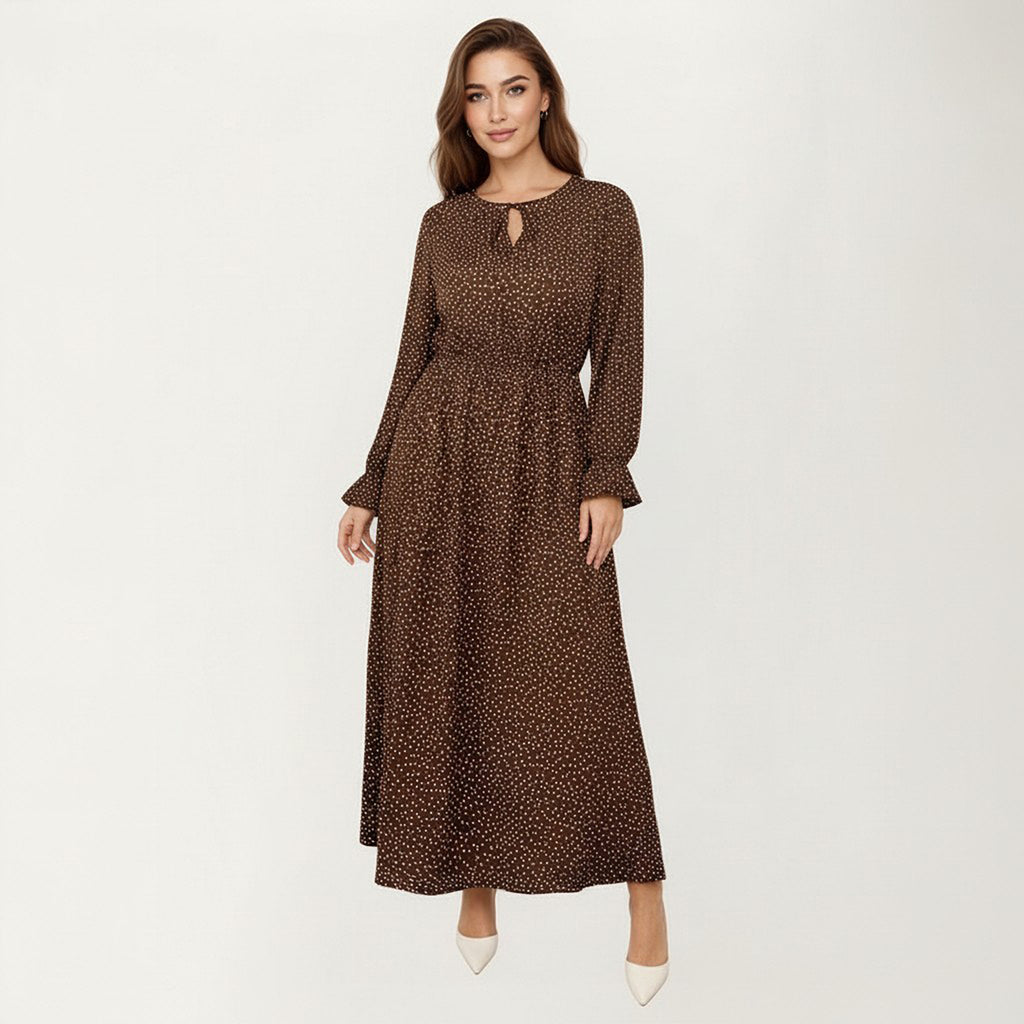 Anna-Kaci Women's Long Sleeve Midi Dress with Keyhole Neckline Elastic Waist and Flowy A Line Skirt