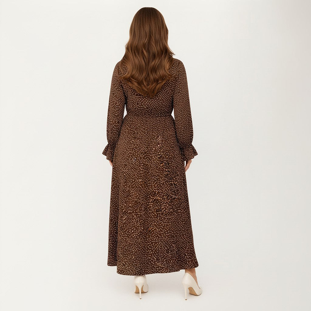 Anna-Kaci Women's Long Sleeve Midi Dress with Keyhole Neckline Elastic Waist and Flowy A Line Skirt