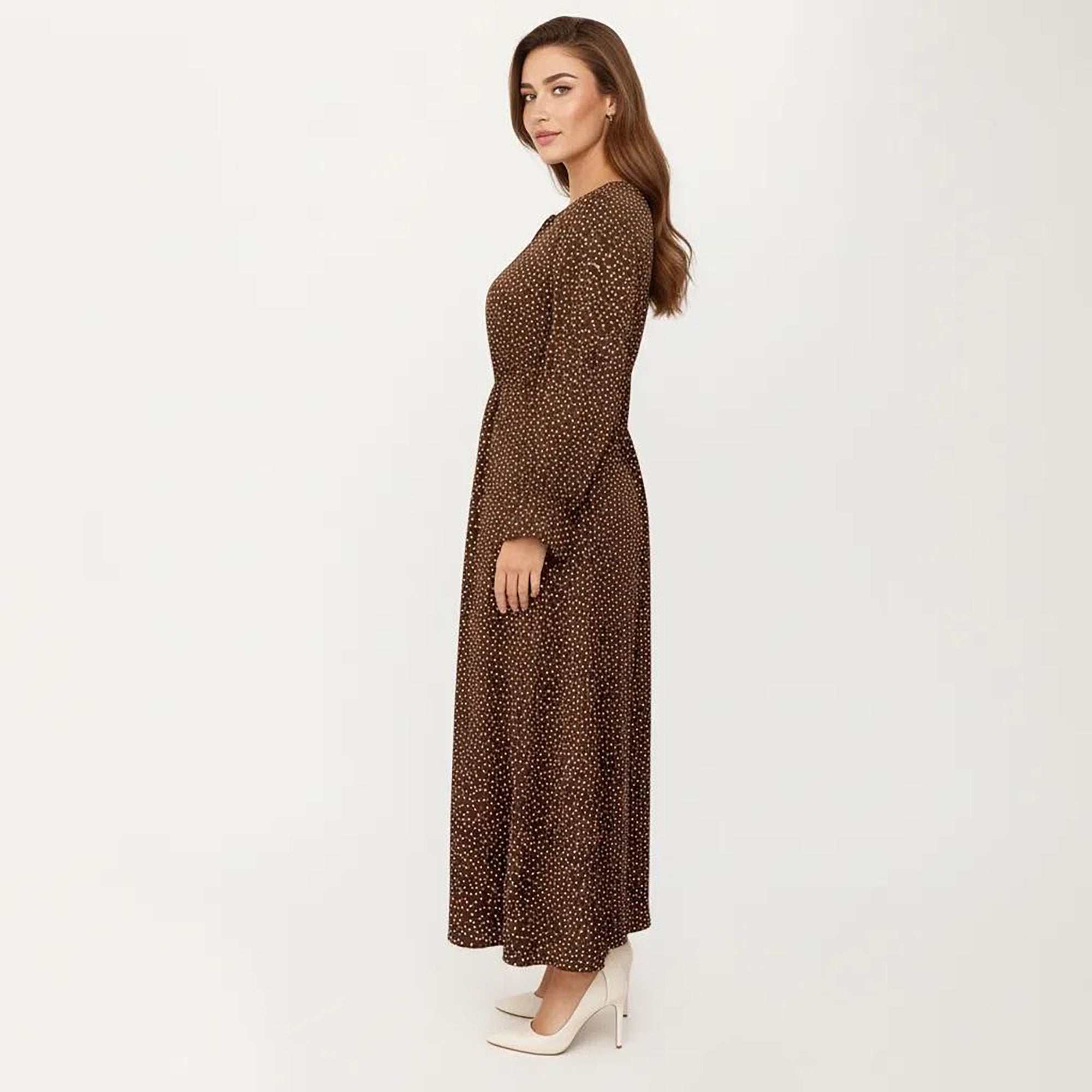 Anna-Kaci Women's Long Sleeve Midi Dress with Keyhole Neckline Elastic Waist and Flowy A Line Skirt