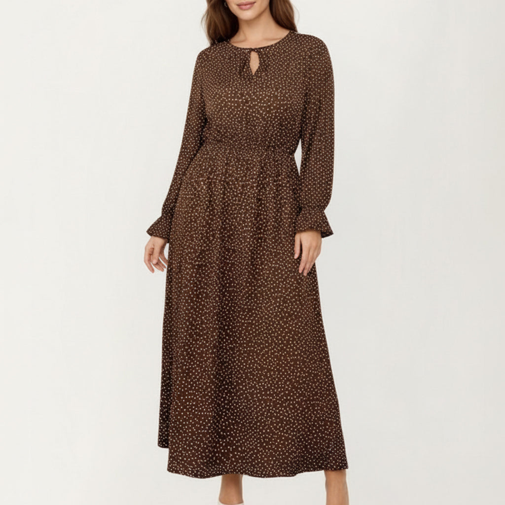 Anna-Kaci Women's Long Sleeve Midi Dress with Keyhole Neckline Elastic Waist and Flowy A Line Skirt