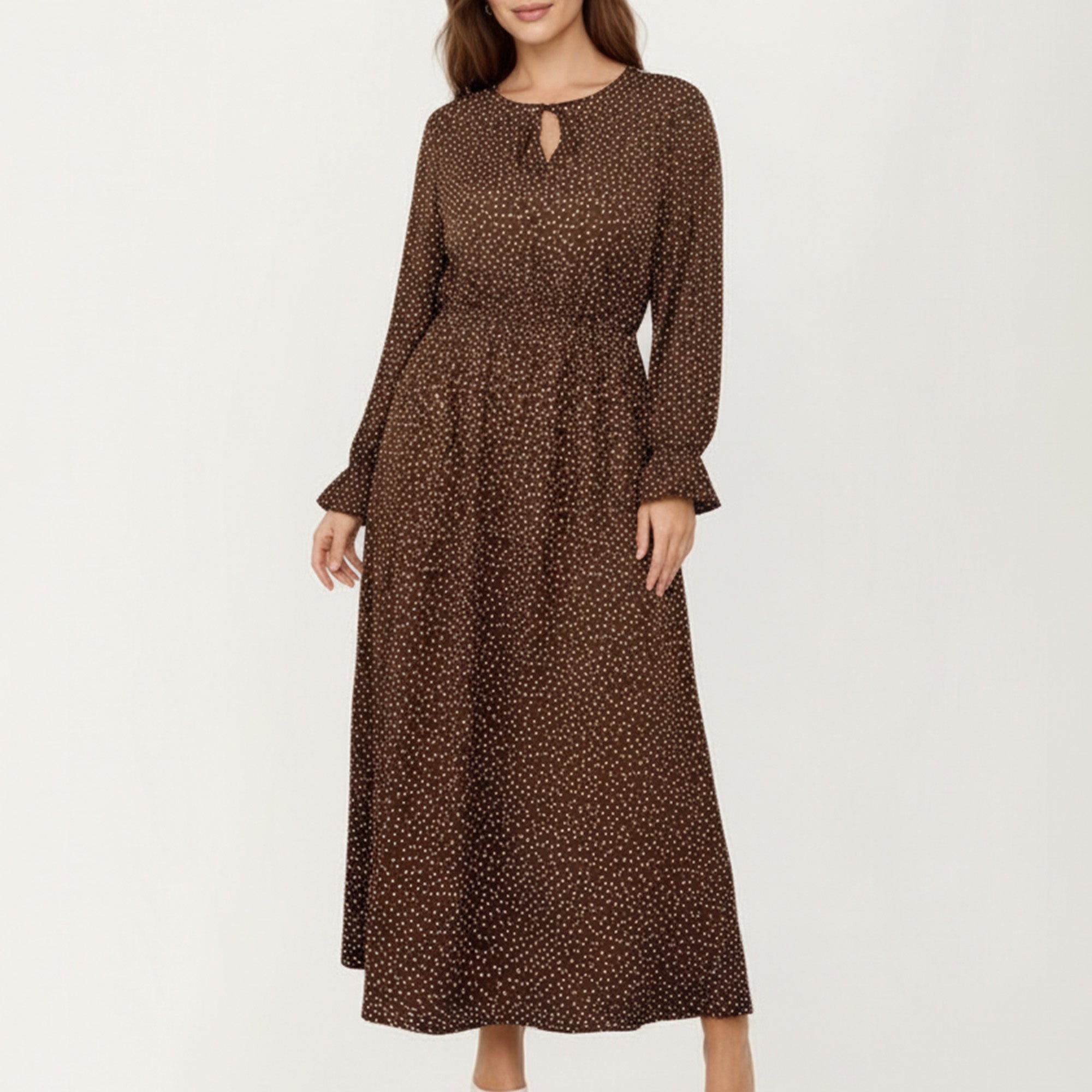 Anna-Kaci Women's Long Sleeve Midi Dress with Keyhole Neckline Elastic Waist and Flowy A Line Skirt
