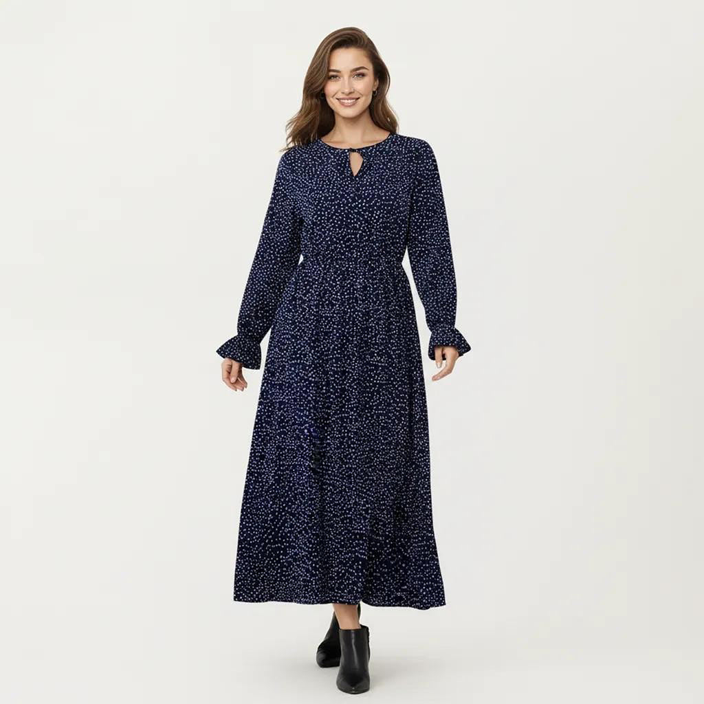 Anna-Kaci Women's Long Sleeve Midi Dress with Keyhole Neckline Elastic Waist and Flowy A Line Skirt