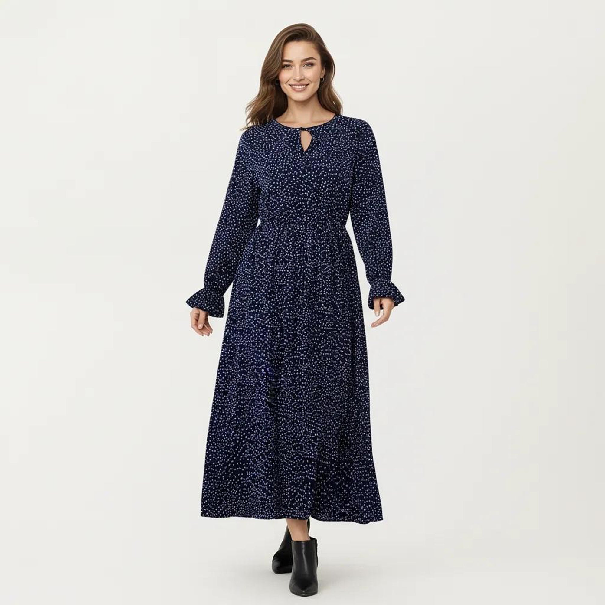 Anna-Kaci Women's Long Sleeve Midi Dress with Keyhole Neckline Elastic Waist and Flowy A Line Skirt