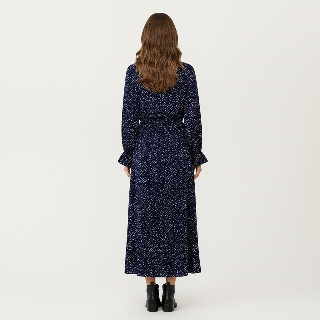 Anna-Kaci Women's Long Sleeve Midi Dress with Keyhole Neckline Elastic Waist and Flowy A Line Skirt
