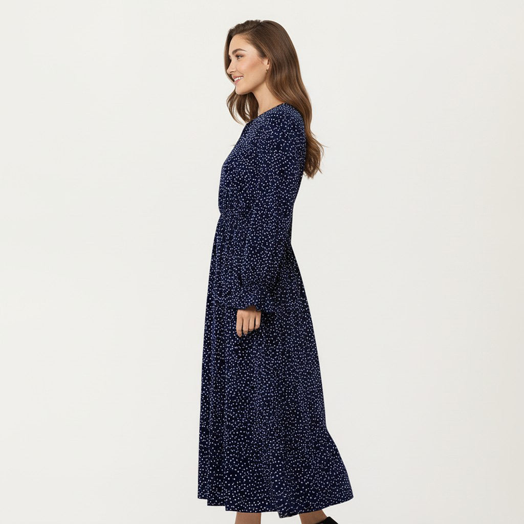 Anna-Kaci Women's Long Sleeve Midi Dress with Keyhole Neckline Elastic Waist and Flowy A Line Skirt