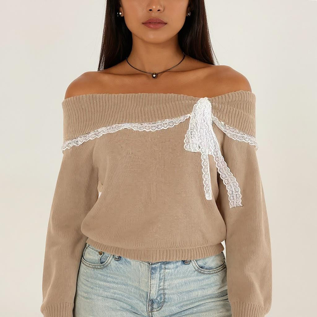 Anna-Kaci Womens Off Shoulder Knit Top with Lace Trim and Long Sleeves