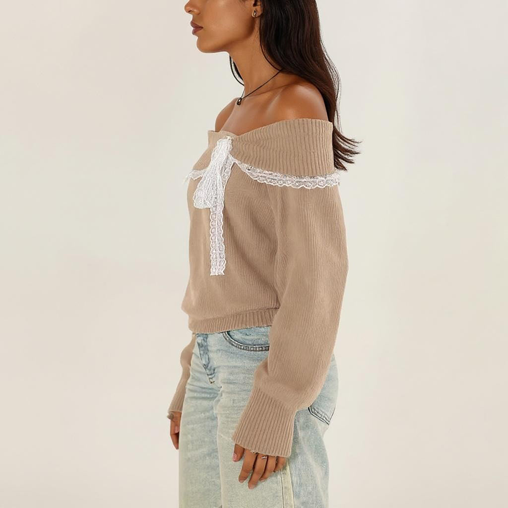 Anna-Kaci Womens Off Shoulder Knit Top with Lace Trim and Long Sleeves