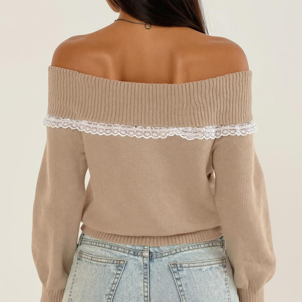 Anna-Kaci Womens Off Shoulder Knit Top with Lace Trim and Long Sleeves