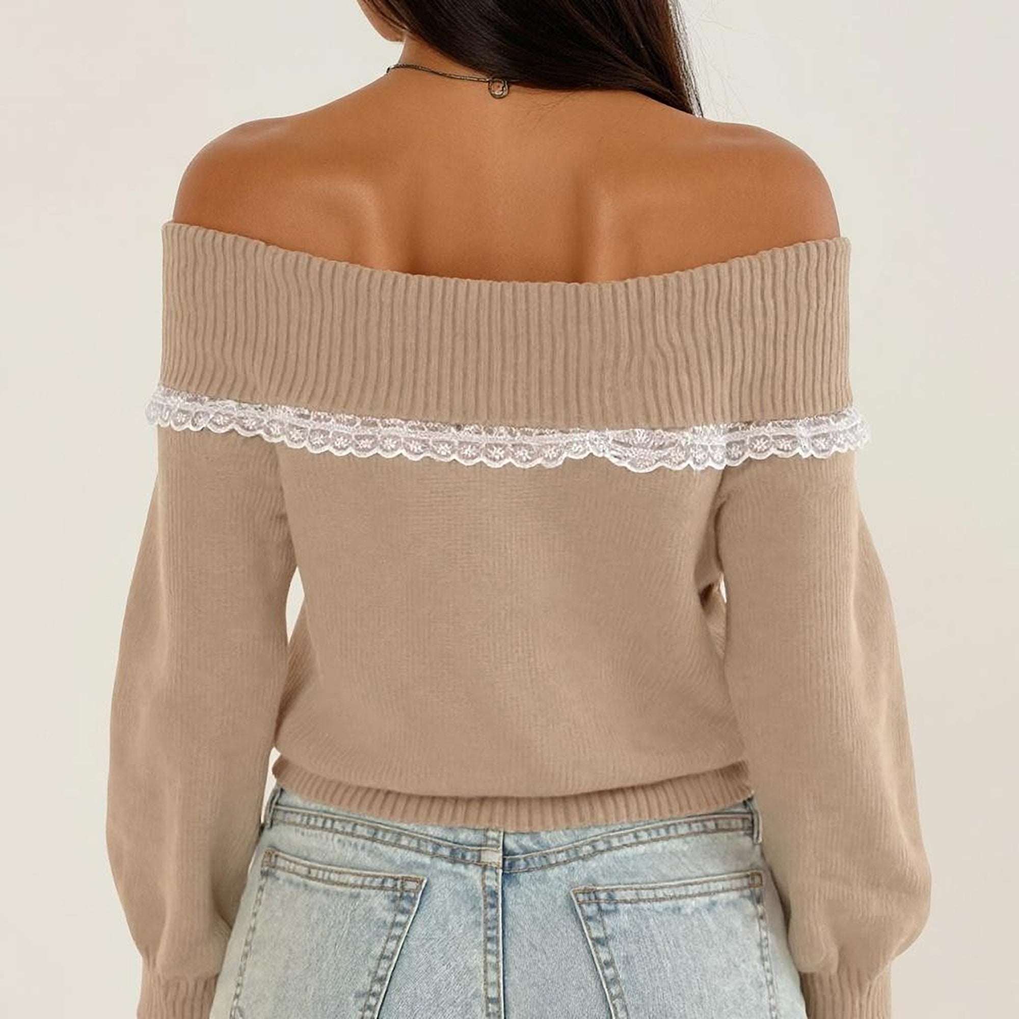 Anna-Kaci Womens Off Shoulder Knit Top with Lace Trim and Long Sleeves