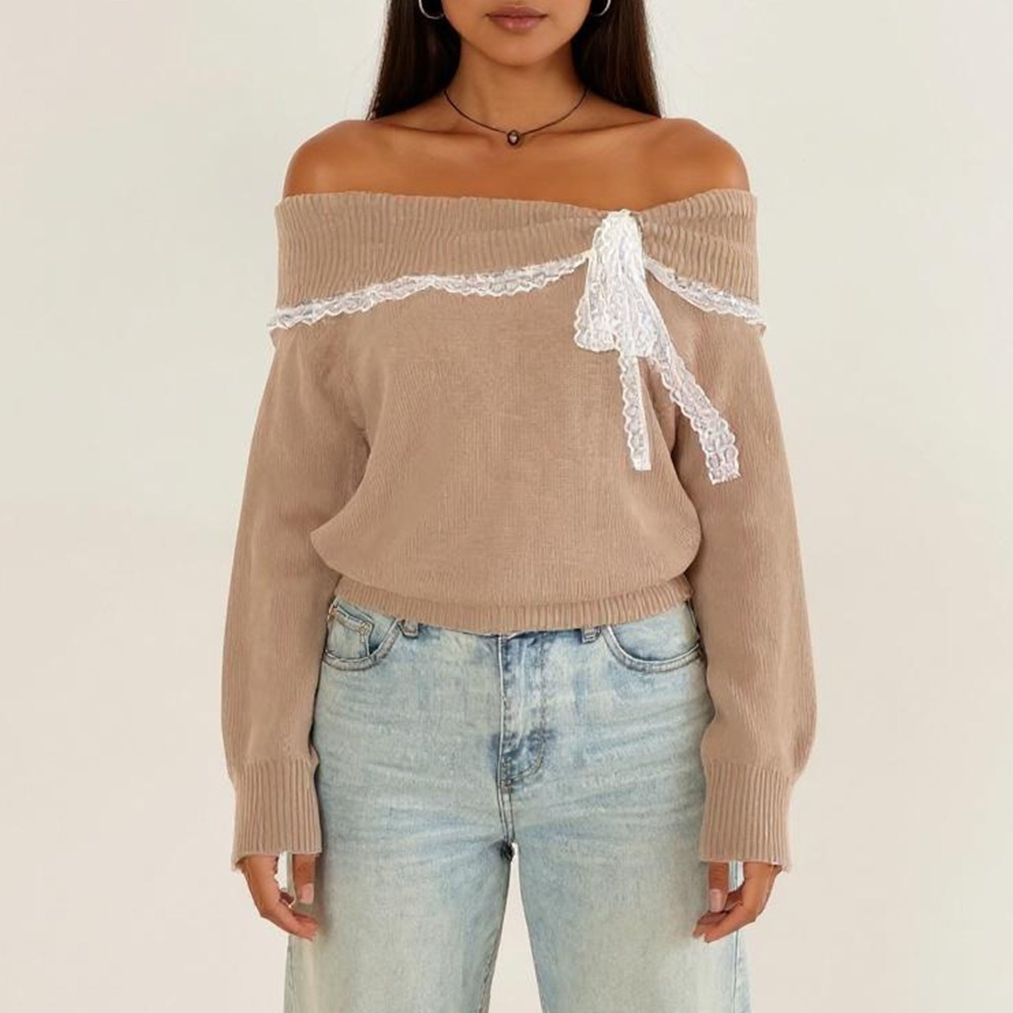Anna-Kaci Womens Off Shoulder Knit Top with Lace Trim and Long Sleeves
