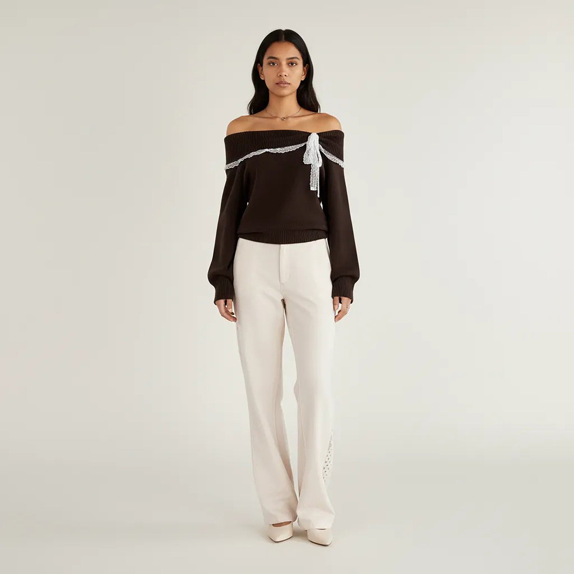 Anna-Kaci Womens Off Shoulder Knit Top with Lace Trim and Long Sleeves