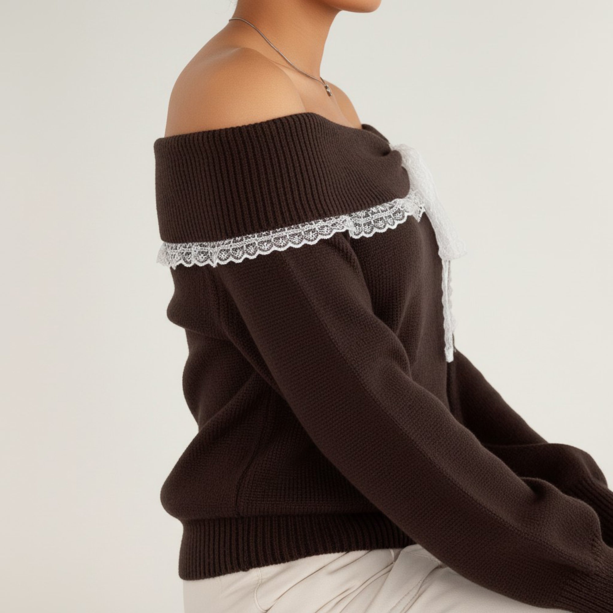 Anna-Kaci Womens Off Shoulder Knit Top with Lace Trim and Long Sleeves