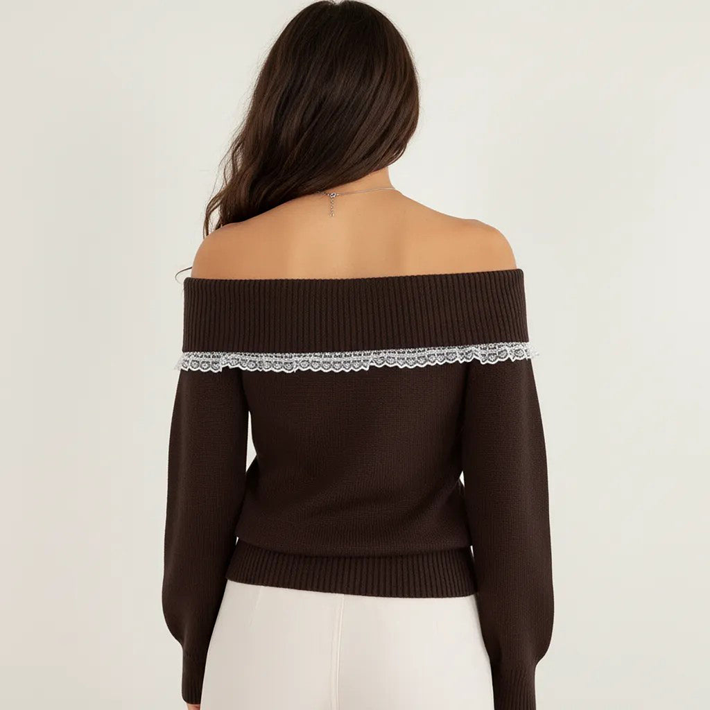 Anna-Kaci Womens Off Shoulder Knit Top with Lace Trim and Long Sleeves