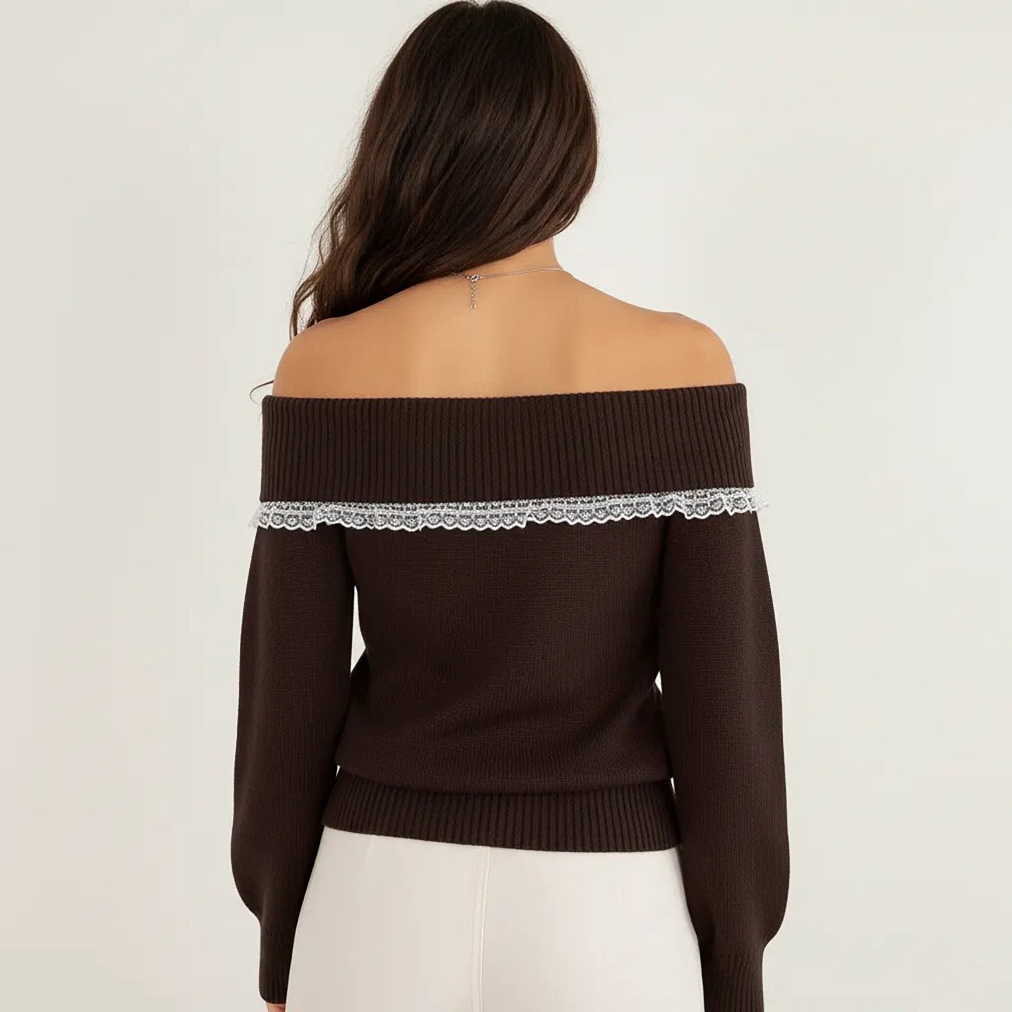 Anna-Kaci Womens Off Shoulder Knit Top with Lace Trim and Long Sleeves