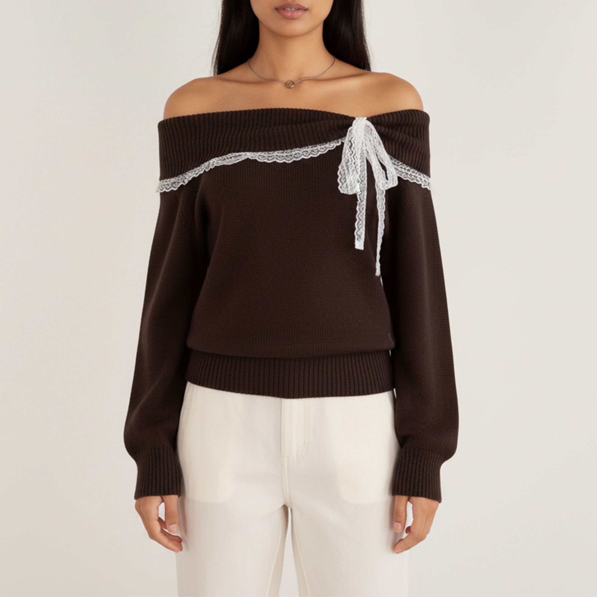 Anna-Kaci Womens Off Shoulder Knit Top with Lace Trim and Long Sleeves