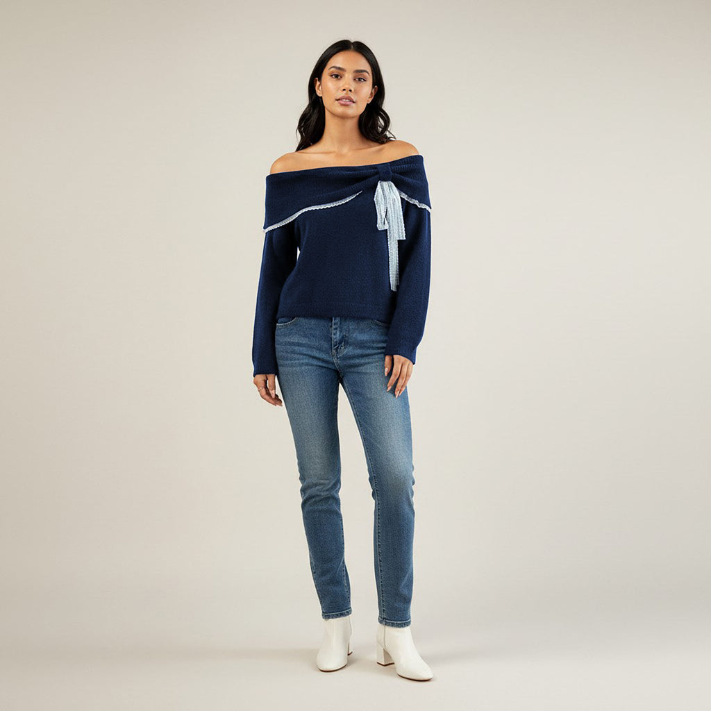 Anna-Kaci Womens Off Shoulder Knit Top with Lace Trim and Long Sleeves